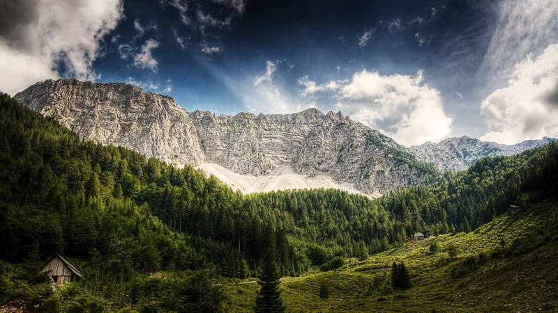 cabins in the austrian alps in summer r, forest, mountains, r, cabins, clouds, HD wallpaper