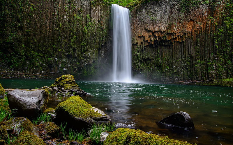 Rock, waterfall, lake, stones, water, HD wallpaper