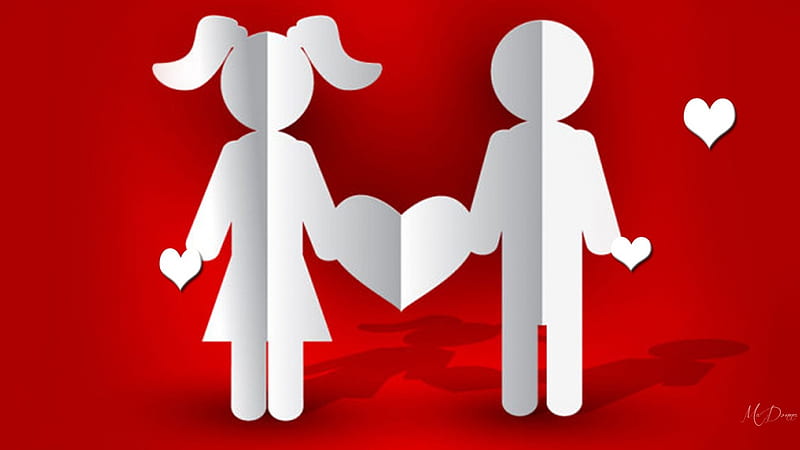Paper Valentine, red and white, cut out, corazones, boy, Valentines Day, 3D, girl, shadows, paper, HD wallpaper