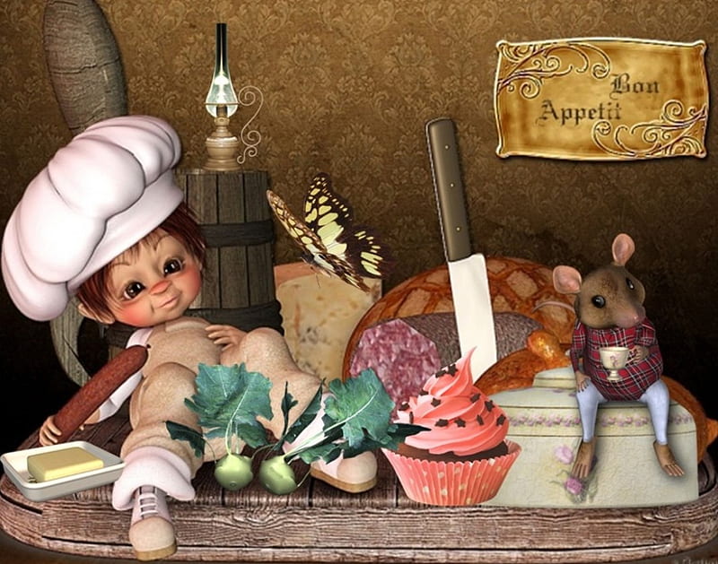 Bon Appetit!, bon appetit, food, mouse, elf, breakfast, fairy, HD wallpaper
