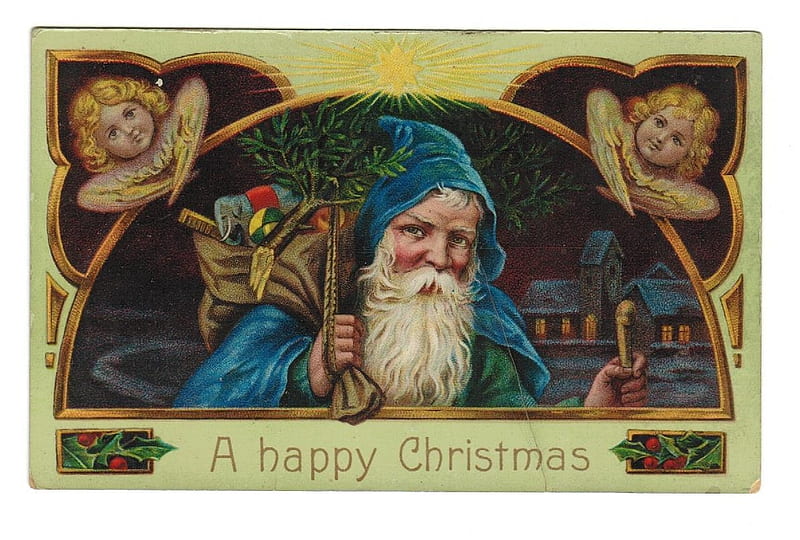 Merry Christmas!, santa, saint nicholas, craciun, christmas, card, mos nicolae, blue, vintage, HD wallpaper