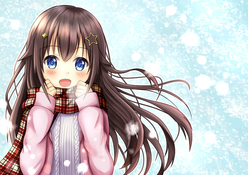 tokino sora, sorach., scarf, brown hair, blue eyes, winter, Anime, HD wallpaper