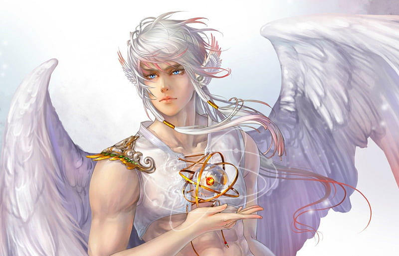 Angel, red, wings, golden, game, yellow, man, boy, fantasy, feather, beauty, blue eyes, white, pink, creature, HD wallpaper