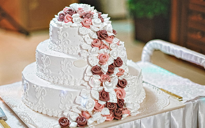 wedding cake three-tiered cake, wedding concepts, cakes, sweets, wedding cake with roses, HD wallpaper