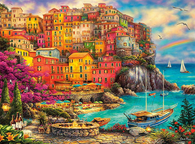 A Beautiful Day at Cinque Terre, ROMANCE, HOUSES, SEA, BOATS, hill, SIDE, PAINTING, FOUTAIN, HD wallpaper