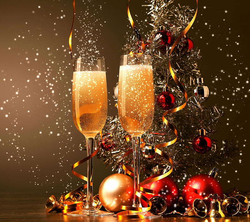 NEW YEAR, ball, champagne, glass, glitter, tape, HD wallpaper