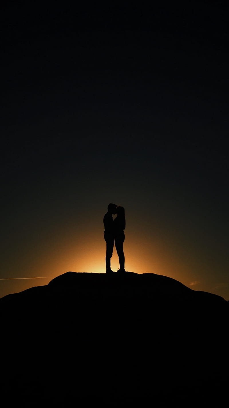 Couples kiss, star, together, love, sunset, mountain, romantic, HD phone wallpaper