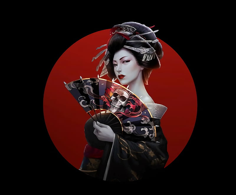 Geisha, red, fantasy, girl, black, hand fan, kimono, HD wallpaper