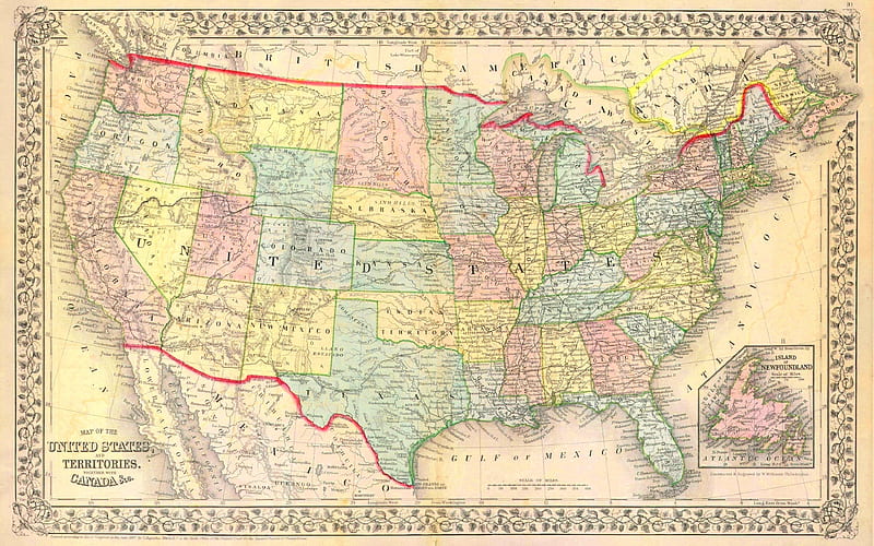 USA, Old Map, 1867, administrative map, states, United States, geography, HD wallpaper