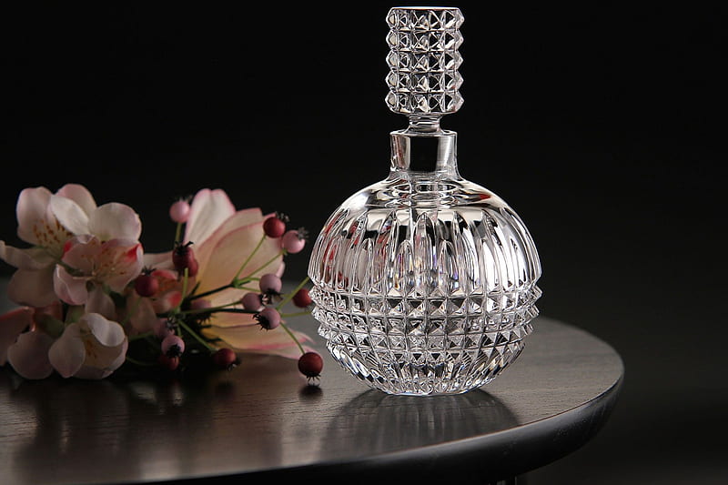 Perfume bottle, perfume, glass, bottle, flower, black, fragrance, HD wallpaper