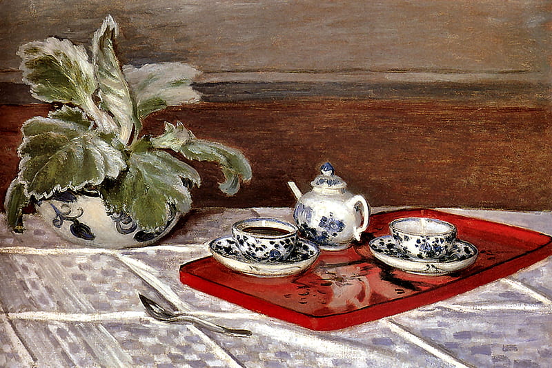 The Tea Set, art, Monet, Claude Monet, tea set, bonito, artwork, still life, painting, wide screen, tray, HD wallpaper
