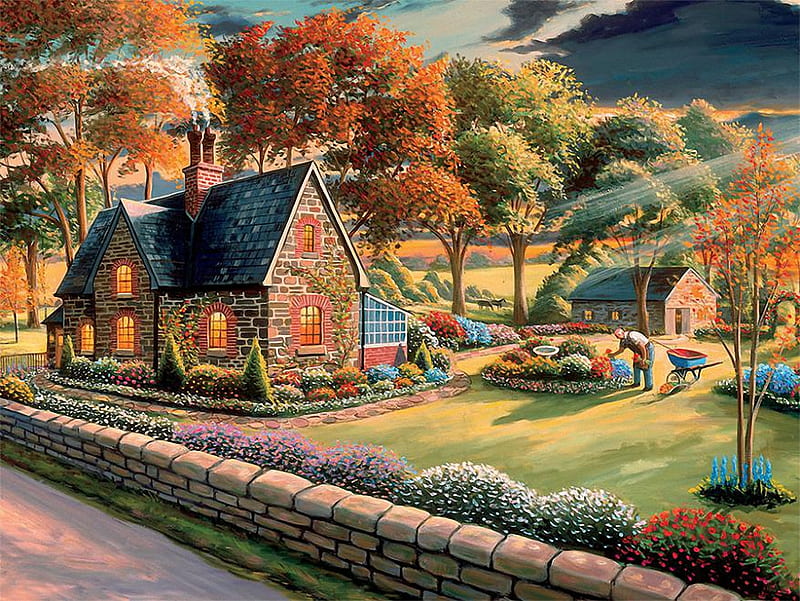 Gardener, cottage, painting, garden, flowers, trees, wall, artwork, HD ...