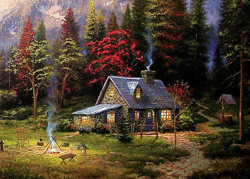 Cabaña del bosque, casa, montañas, camino, árboles, obra de arte, Fondo de  pantalla HD | Peakpx