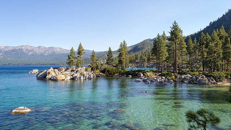Lake Tahoe, rocks, Big Blue, Sierra Nevada, clear water, Tahoe, mountains, trees, lake, nature, HD wallpaper