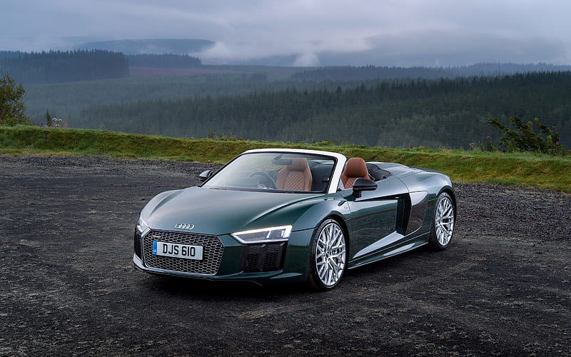 Audi R8 Spyder, 2018, V10 Plus, green sports coupe, supercar convertible, roadster, new green R8, German sports cars, Audi, HD wallpaper