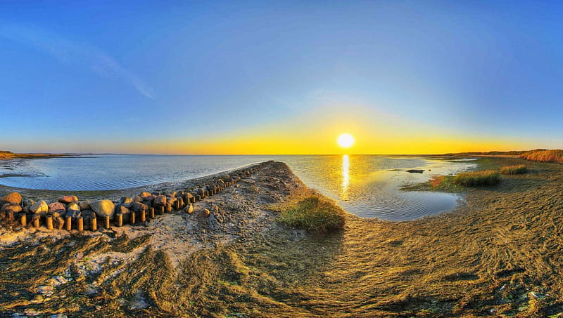 superb sunrise over a sea cove panorama r, beach, cove, pier, sunrise, sea, panorama, HD wallpaper