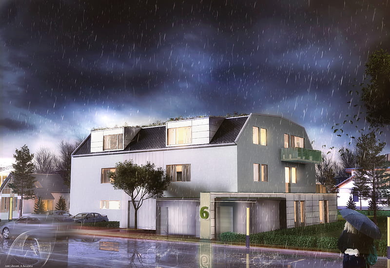 modern architecture, house, 3d model, raining, Others, HD wallpaper