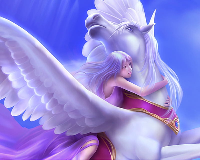 Girl with Pegasus, female, wings, magic, horse, sky, wing, sexy, animal, cute, fly, fantasy, girl, anime, flying, hot, anime girl, HD wallpaper