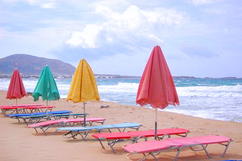 Sunday afternoon, umbrellas, ocean, relax, colors, sky, clouds, lounge chairs, beach, blue, HD wallpaper