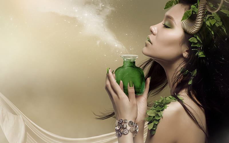 The magical potion, perfume, bottle, woman, potion, horns, glass, fantasy, girl, green, sticla, smoke, parfum, HD wallpaper