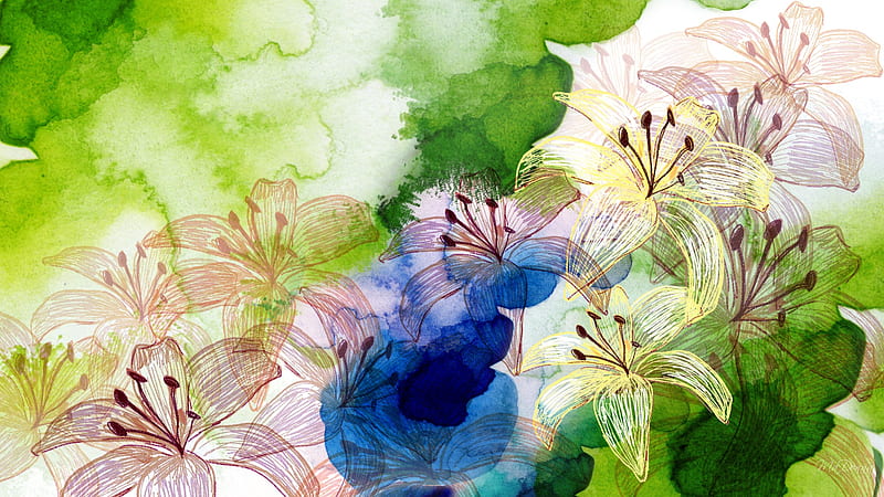 Lily Art, art, grunge, green, grungy, paint, flowers, nature, blue, HD wallpaper