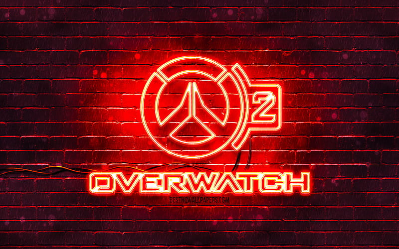 Overwatch red logo, , red brickwall, artwork, Overwatch logo, online games, Overwatch neon logo, Overwatch, HD wallpaper