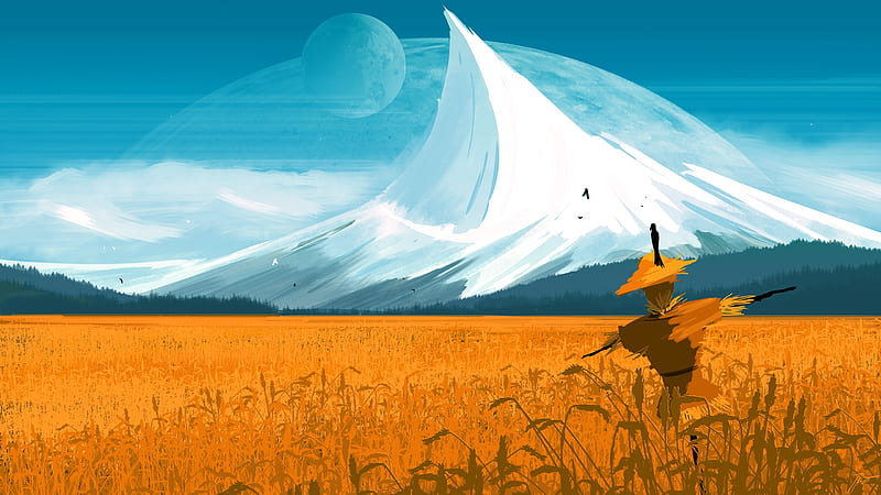 Sci Fi, Landscape, Field, Mountain, Peak, Planet, Scarecrow, HD wallpaper