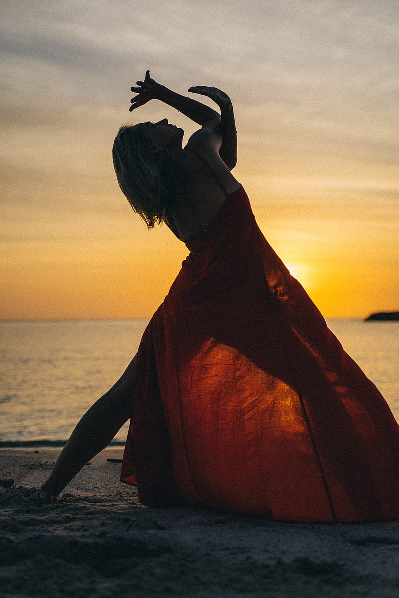 Person in Orange Robe on Beach during Sunset, HD phone wallpaper
