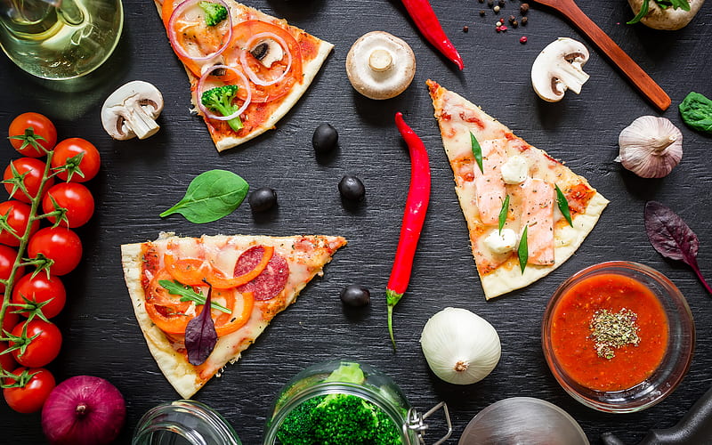 Pizza, mushrooms, food, peppers, HD wallpaper