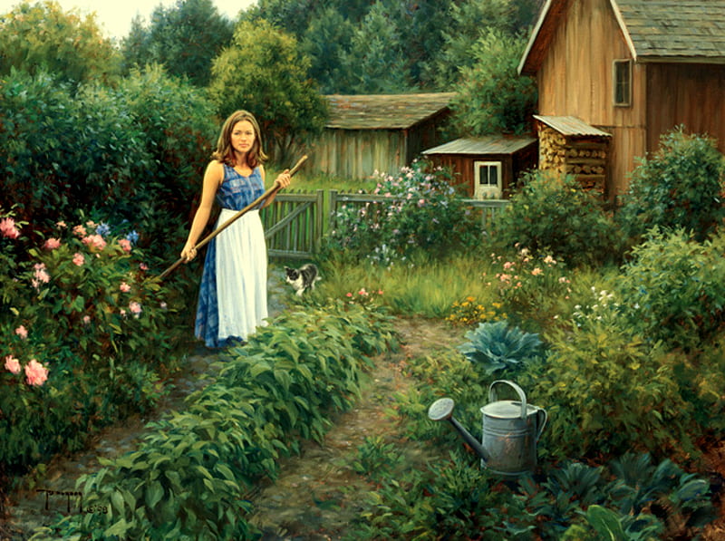 Summer Garden, shed, roses, trees, woman, bushes, barn, watering can, flowers, vegetables, rake, HD wallpaper