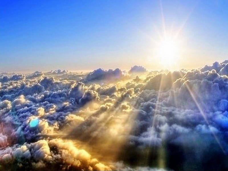 Rising above, rays, sunrise, blue sky, clouds, sky, HD wallpaper