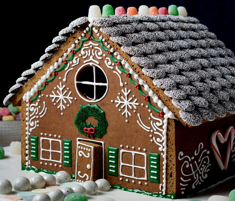 Gingerbread House, House, Gingerbread, Brown, Wreath, White, Snow, HD ...
