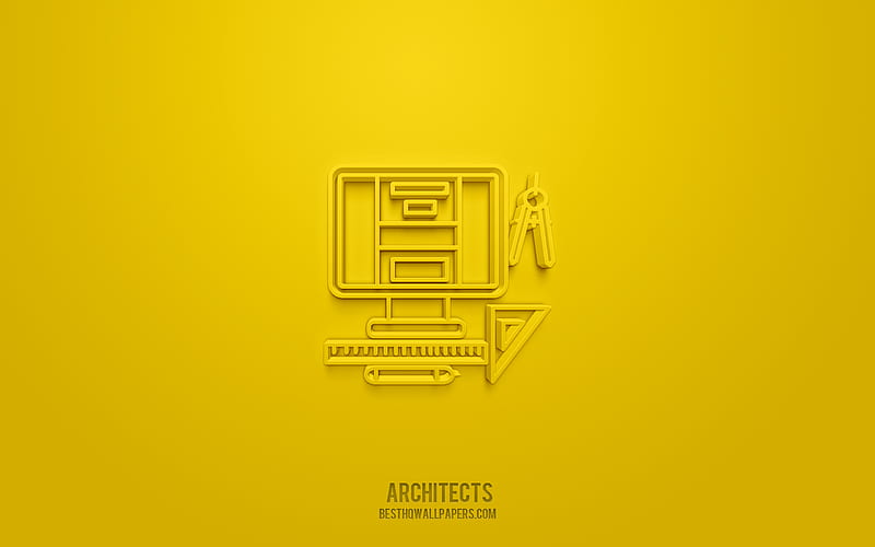 Architects 3d icon, yellow background, 3d symbols, Architects, Construction icons, 3d icons, Architects sign, Construction 3d icons, HD wallpaper