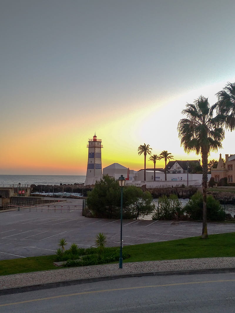 Farol de Santa Marta, pharol, pt, portugal, sunset, fall, sea, sky, lighthouse, cascais, HD phone wallpaper