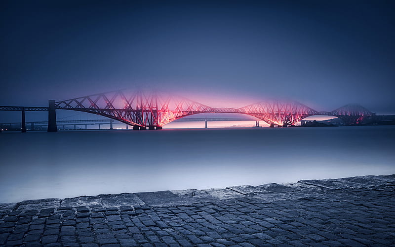 Forth Bridge night, fog, railway bridge, Scotland, United Kingdom, HD wallpaper