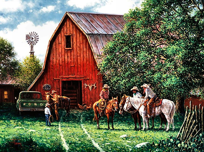 Barn Gathering 1, architecture, little boy, art, equine, bonito, horse, artwork, painting, wide screen, scenery, cowboys, HD wallpaper