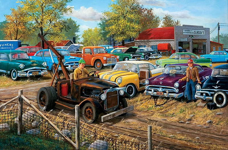 Hank's Classics F2, classics, art, autos, artwork, carros, painting, collectables, wide screen, scenery, HD wallpaper