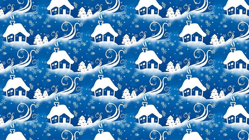 Winter pattern, pattern, house, texture, paper, white, blue, winter, HD wallpaper