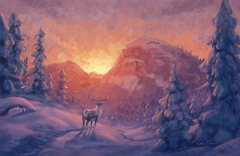 Sunset, art, fantasy, craciun, leo nuutinen, reindeer, winter, iarna, christmas, HD wallpaper