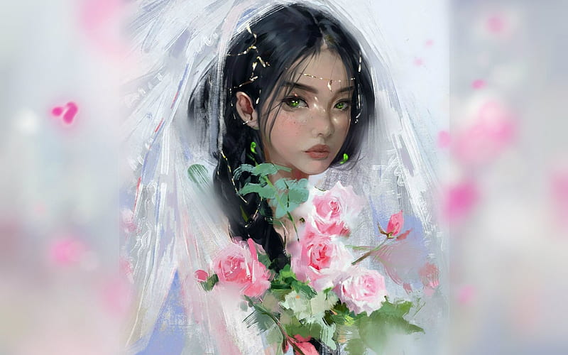 Girl, Green eyes, Painting, Veil, Bride, Bouquet, HD wallpaper
