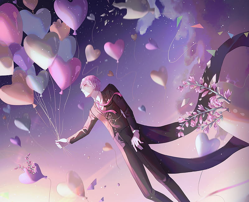 anime boy, heart shaped balloons, gloves, pink flowers, Anime, HD wallpaper