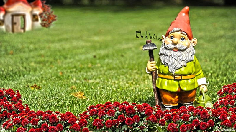 *The singer gardener*, grass, home, gnome, flowers, garden, r, singer, gardener, HD wallpaper