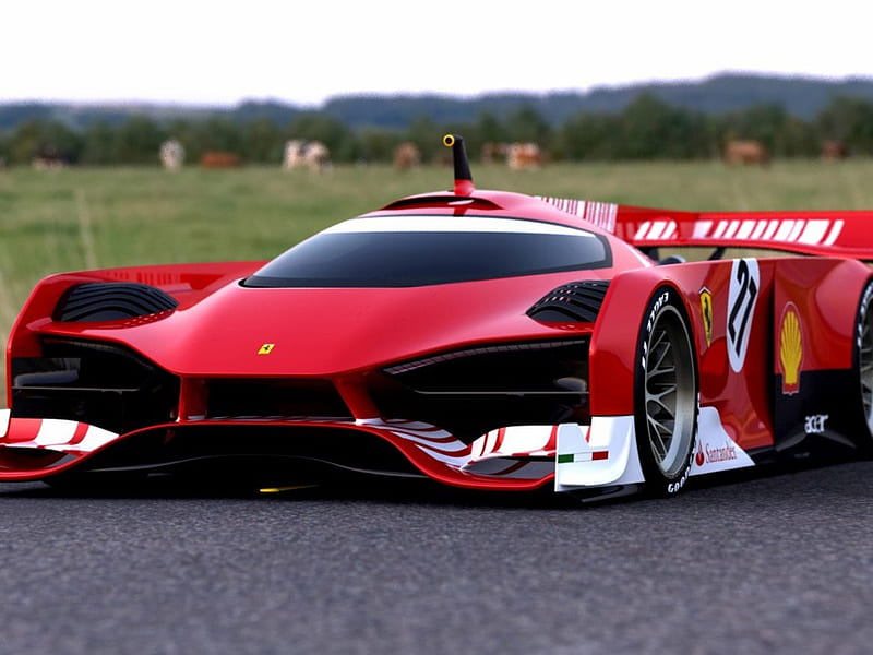ferrari concept race car, red, race modified, silver alloys, two seater, mid engine, white, HD wallpaper