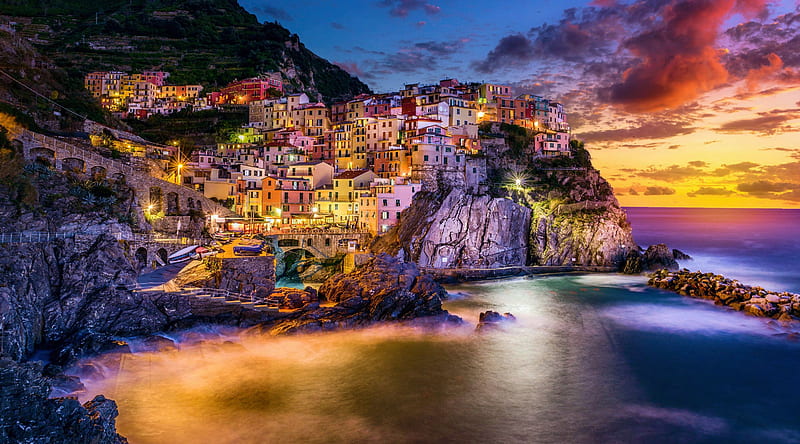 Sunset over Cinque Terre, Manarola, tuscany, italy, sky, clouds, lights, sea, HD wallpaper