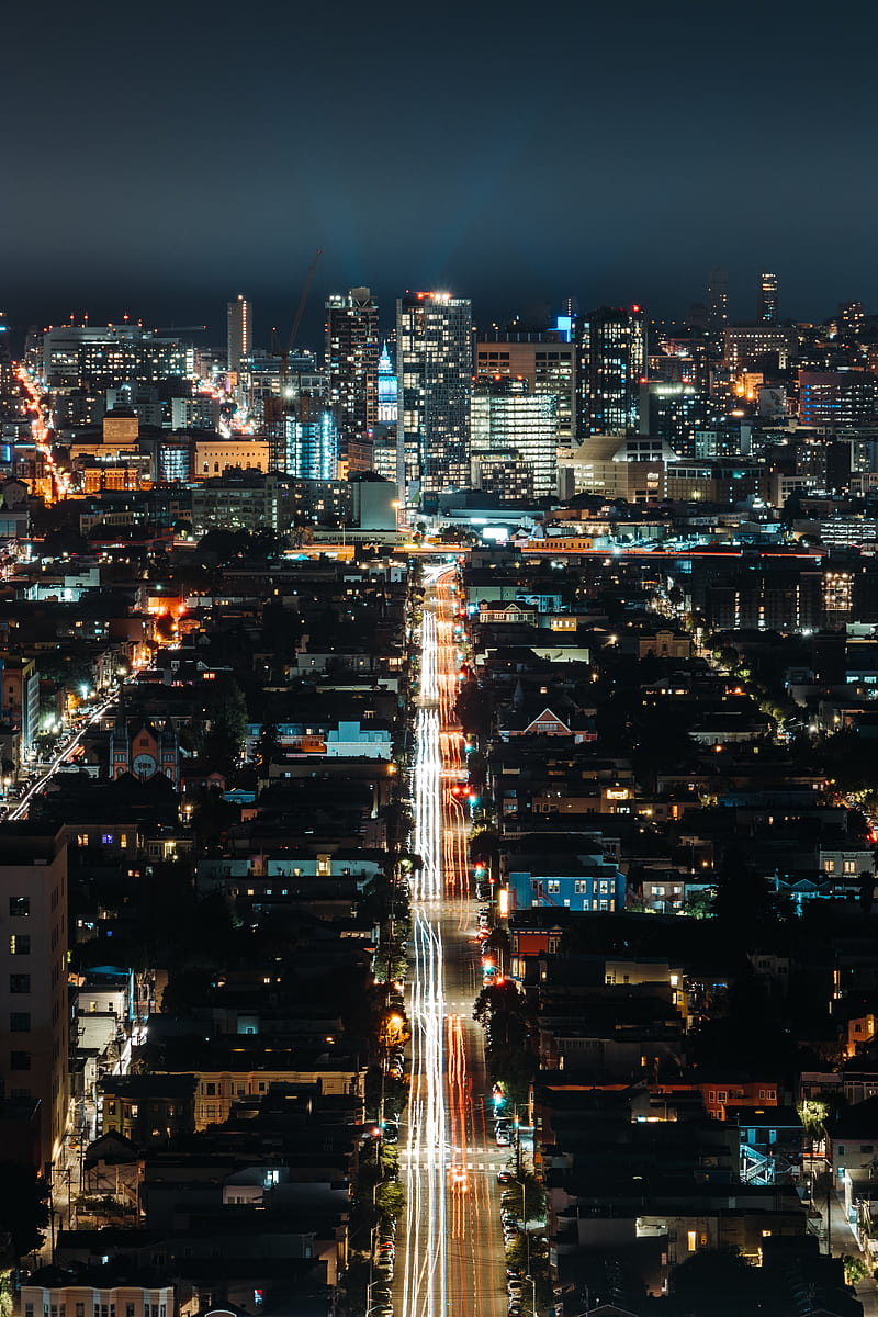 night city, building, lights, road, HD phone wallpaper