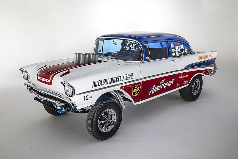 57 Chevy Gasser // All American, Classic, Red, White, GM, Blue, HD wallpaper