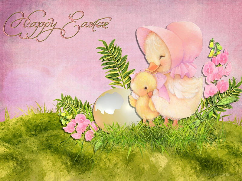 Easter Time, pretty, holiday, yellow, easter, spring, cute, egg, duck, green, mama, flowers, happy easter, duckling, pink, HD wallpaper