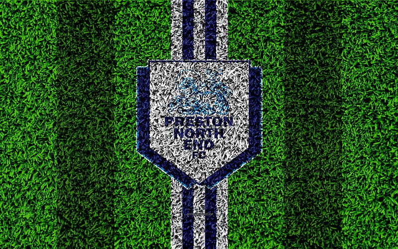 Preston North End FC football lawn, logo, emblem, English football club, blue white lines, Football League Championship, grass texture, Preston, UK, England, football, HD wallpaper