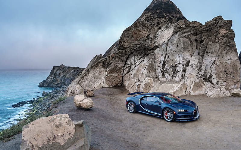 Bugatti Chiron, supercars, 2017, rock, blue chiron, HD wallpaper