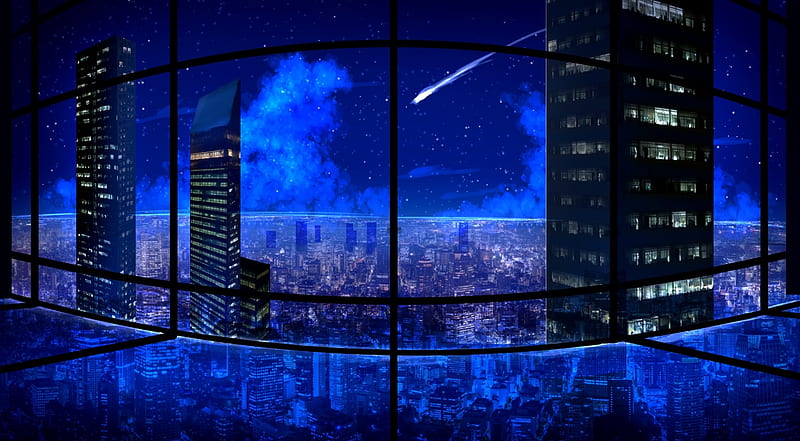 Glowing Windows Of Buildings Stars In Night Sky View From Window On City  Night Landscape Light Of The Windows In Tall Buildings Starry Sky Abstract Background  Wallpaper Vector Illustration Stock Illustration 
